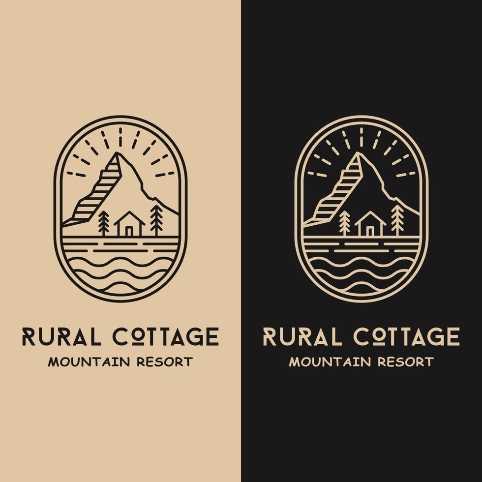 Cottage House and Mountain in Line Style Logo Design Template vector