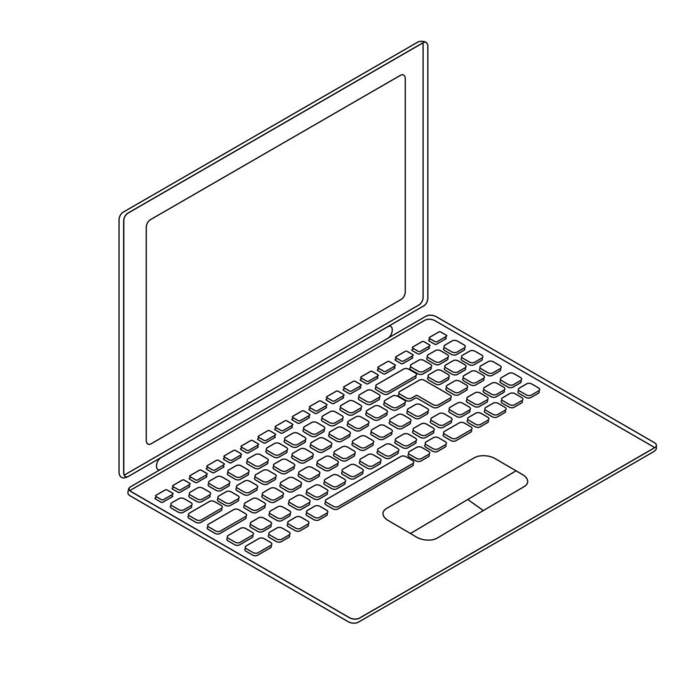 Laptop isometric sketch. Linear style. The display, keyboard and touchpad. vector