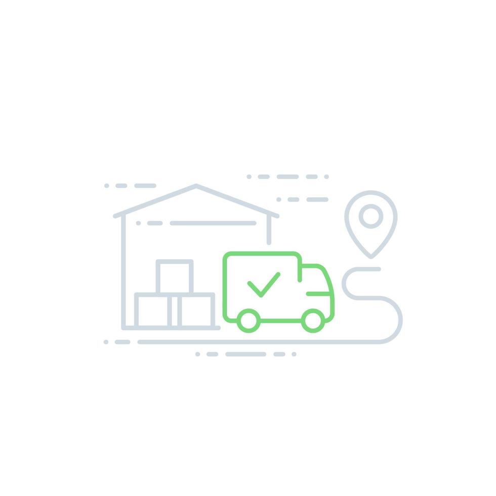warehouse and van, delivery icon, line art vector