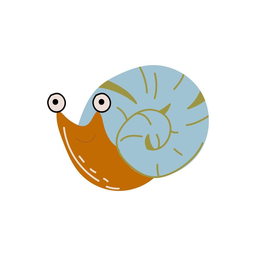 Childish print with animal snail with blue shell. Trendy kids vector print. Ideal for creating posters, cards, prints, digital paper, kids clothing, nursery prints and kids room decor. Vector