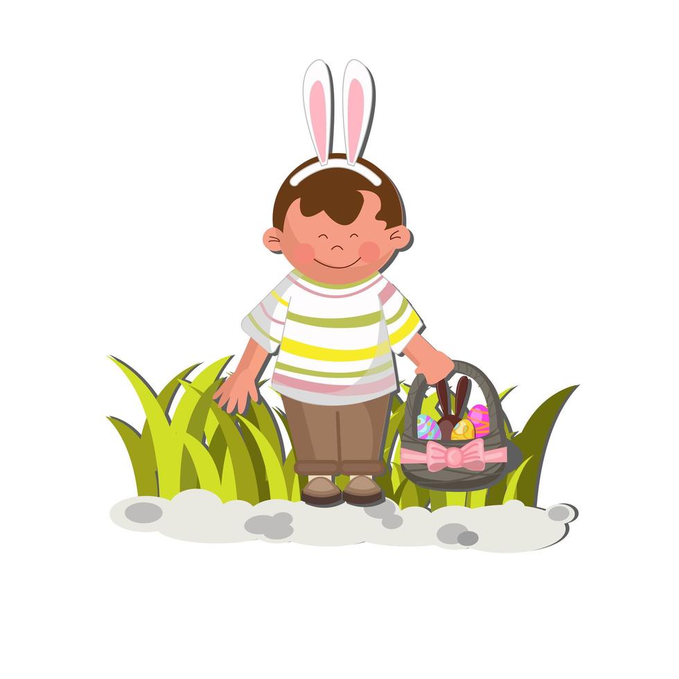 Vector easter post card with text greating Boy wears bunny ears on a greeBoy hold in hand easter basket with easter eggs