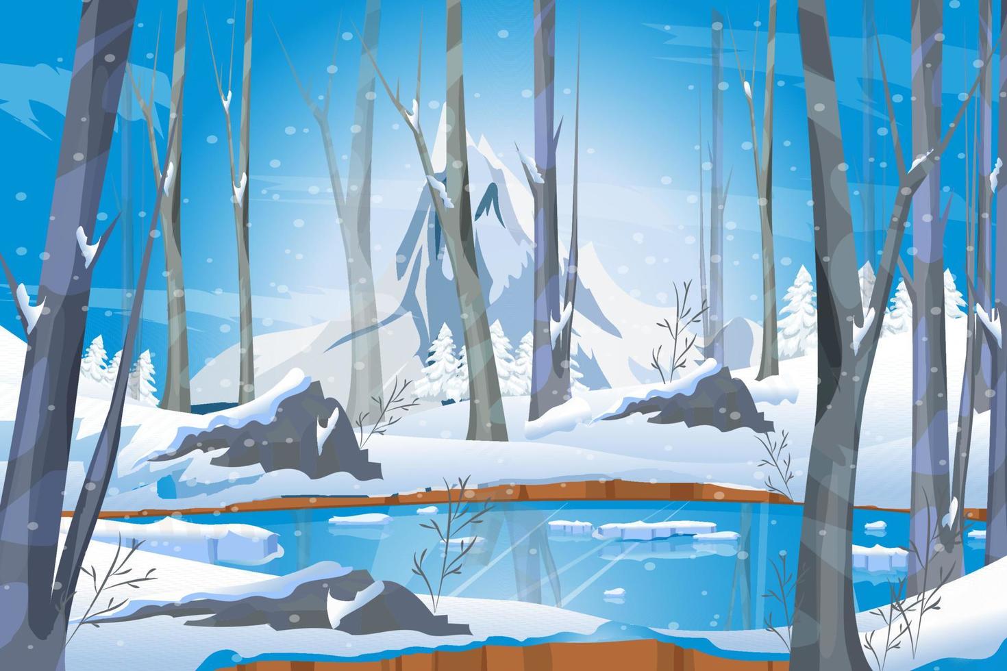 paisaje invernal con lago en el bosque blanco nieve y árboles vector