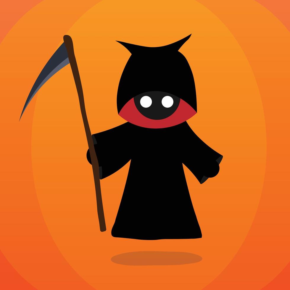 Cute cartoon mascot design grim reaper with scythe. Halloween illustration vector