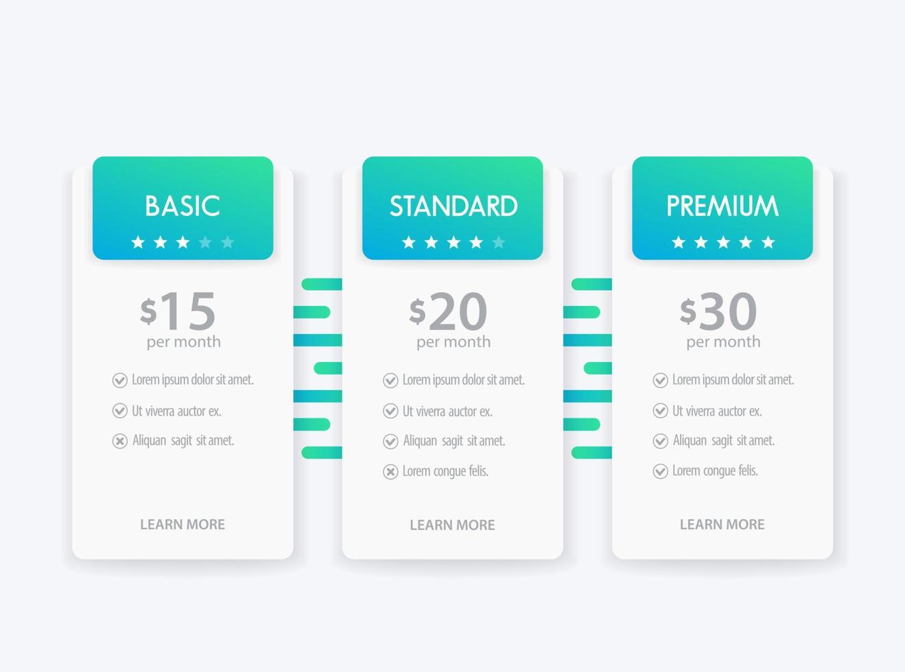 Banner for tariffs, set of vector pricing table and boxes