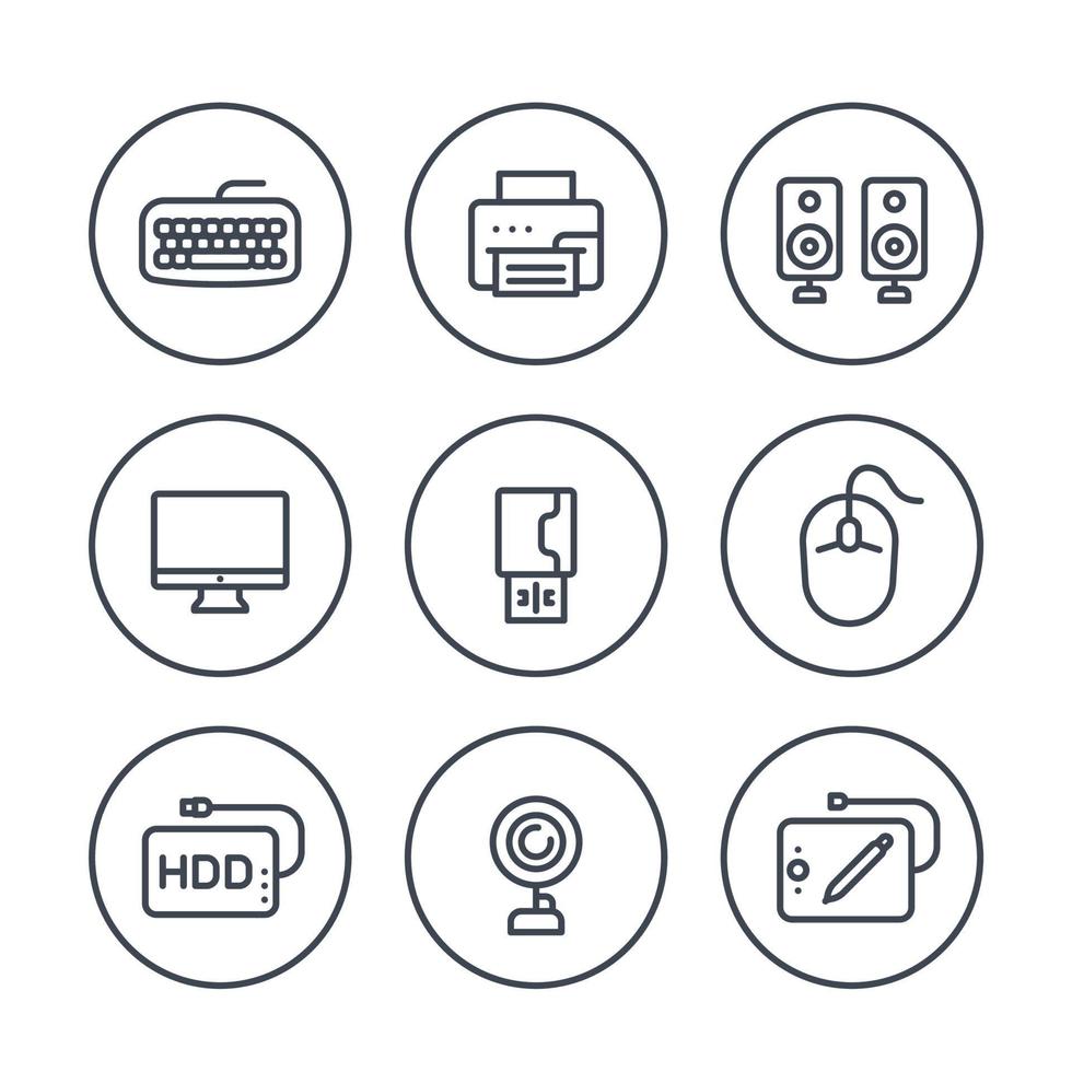 Computer peripherals line icons on white vector