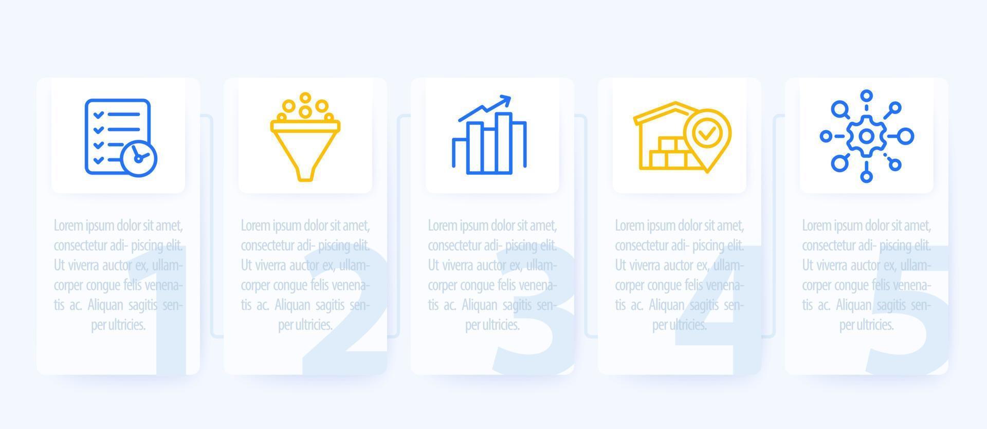 Diseño de infografías de negocios con iconos de línea, 1, 2, 3, 4, 5 pasos. vector