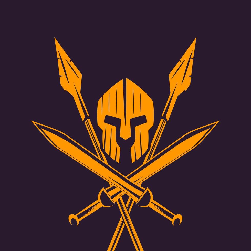 Spartans, logo, emblem with spartan helmet, crossed swords and two spears vector