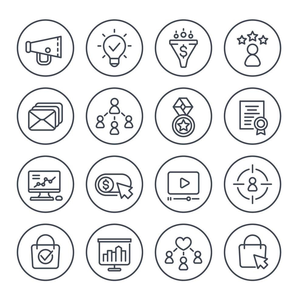 Iconos de marketing digital en blanco, conjunto de vectores de línea