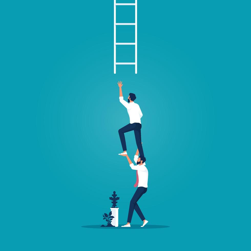 Businessman coworker support his colleague reaching to climb ladder of success, teamwork collaboration or partnership help to reach target vector