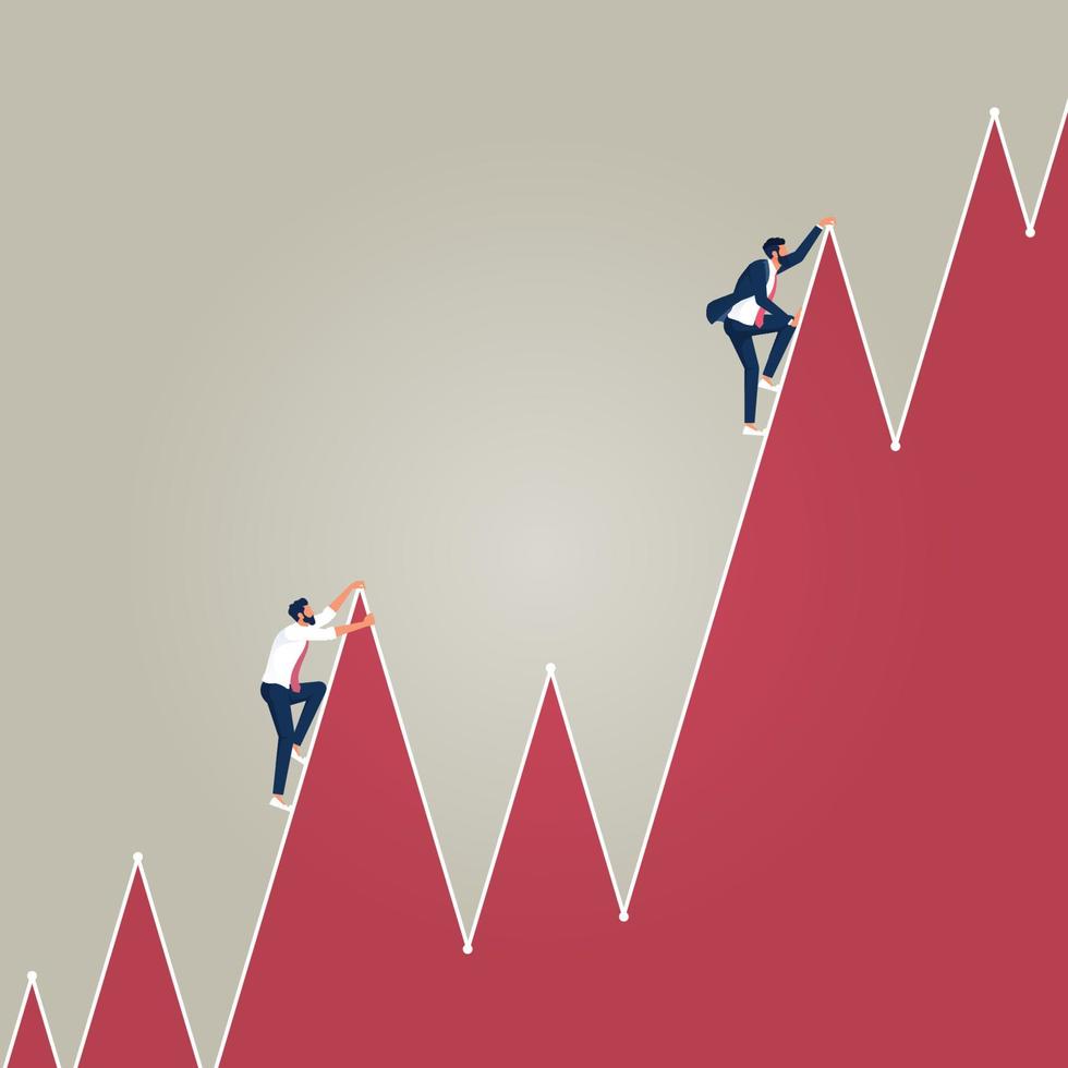 Two businessmen climbing bar graph of success, competitive investment growth targets concept vector