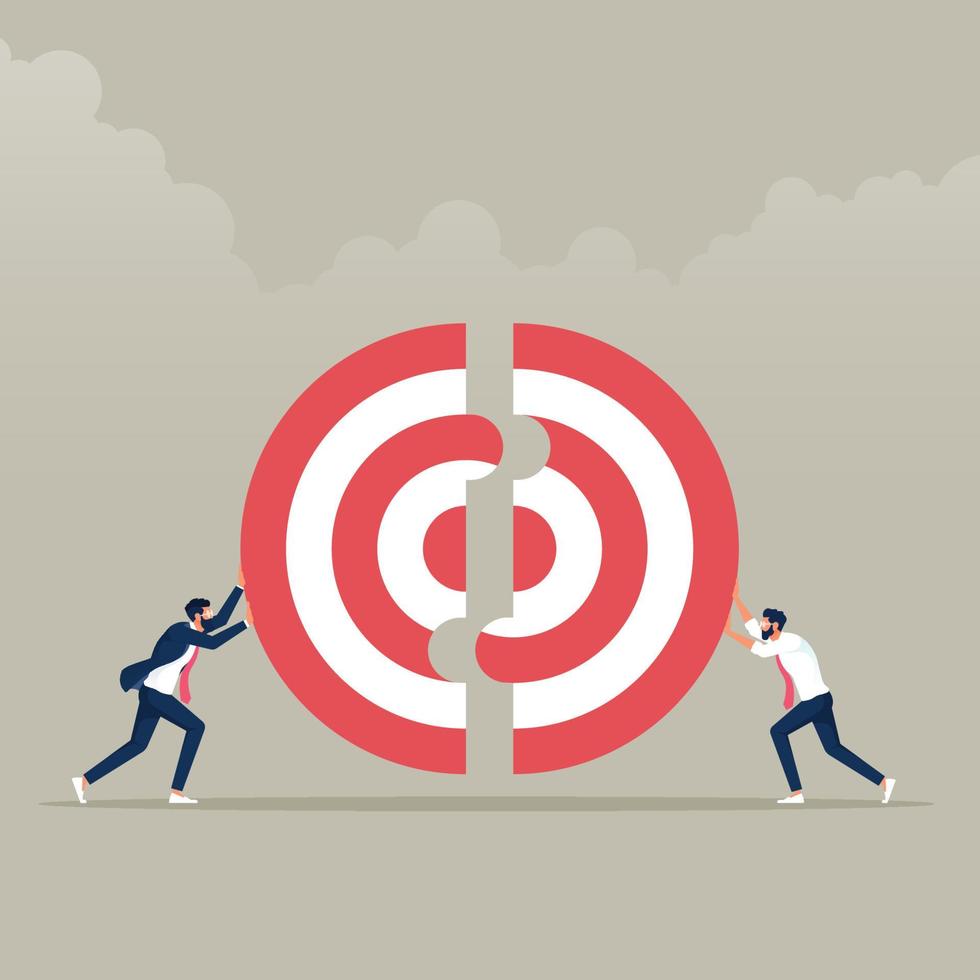 Two businessmen pushing a pieces of big target together, Business teamwork concept vector