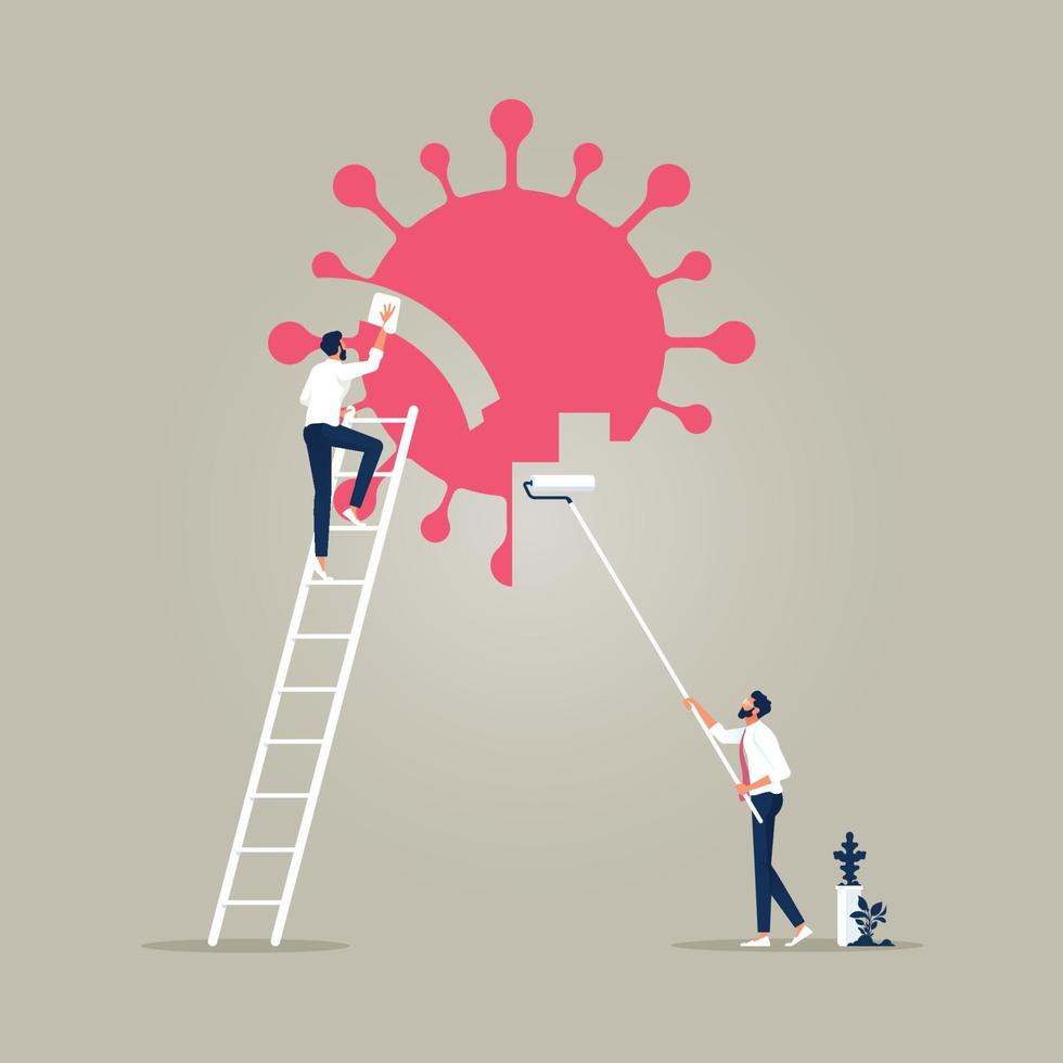 Businessman erasing red COVID-19 virus with paint roller, survive and win in Coronavirus outbreak COVID-19 economic crisis concept vector