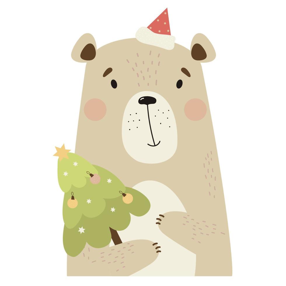 Cute New Year Bear in Santa Hat with Christmas Tree vector