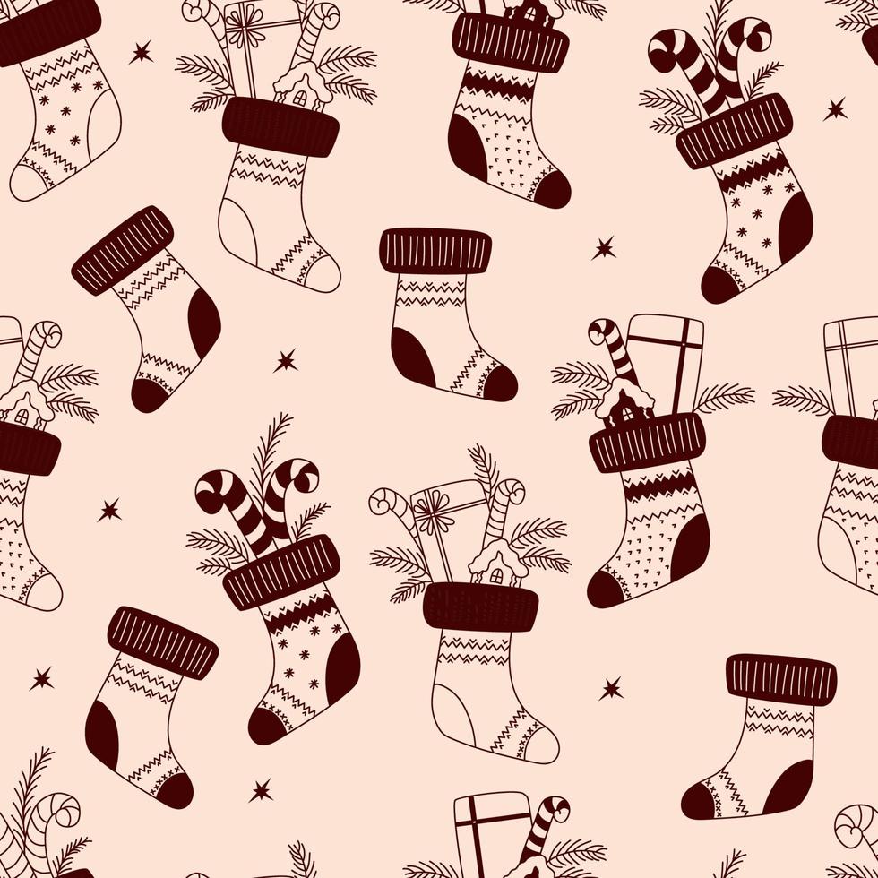 Christmas outline seamless pattern. Christmas socks with gifts, tree branches and sweets. Vector illustration. Linear hand drawing for decor, design, print, packaging, wallpaper and textile.