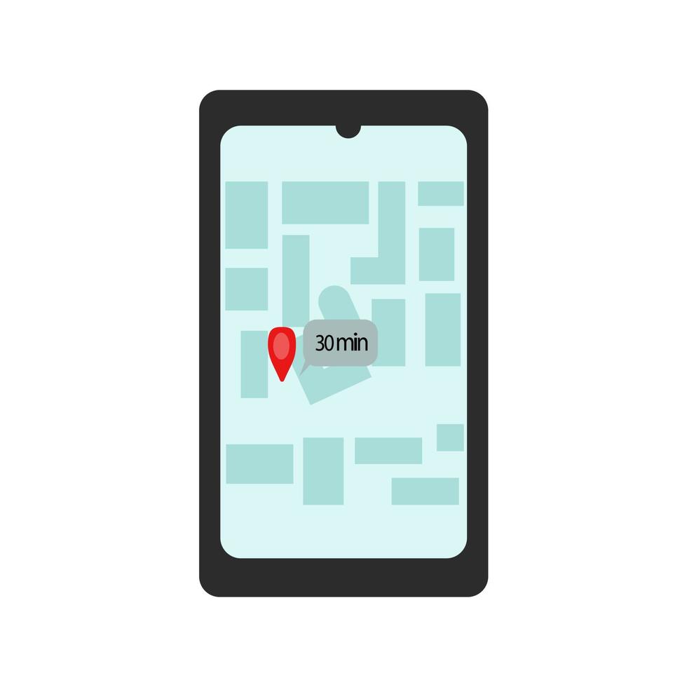 Delivery tracker on phone, city map with courier position mark, delivery time in a footnote, delivery tracking mobile application vector