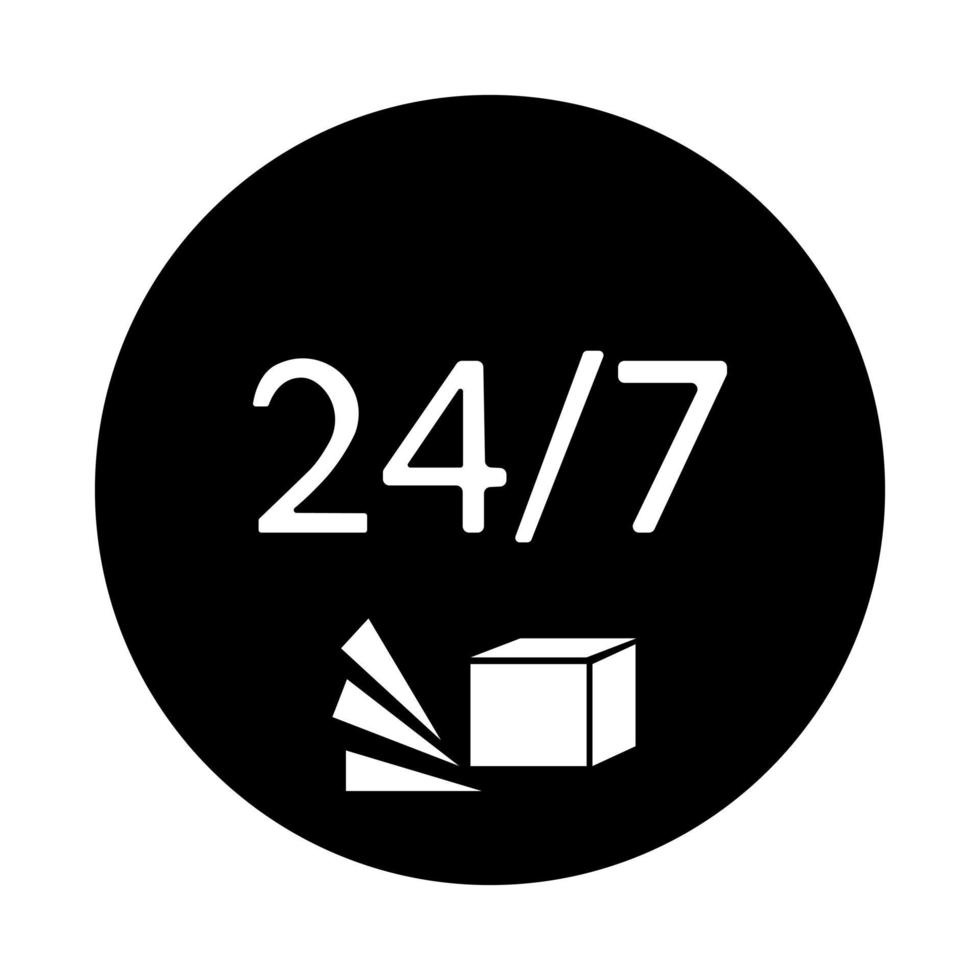 icono redondo negro, entrega las 24 horas los 7 días de la semana, caja en movimiento como símbolo de entrega rápida vector