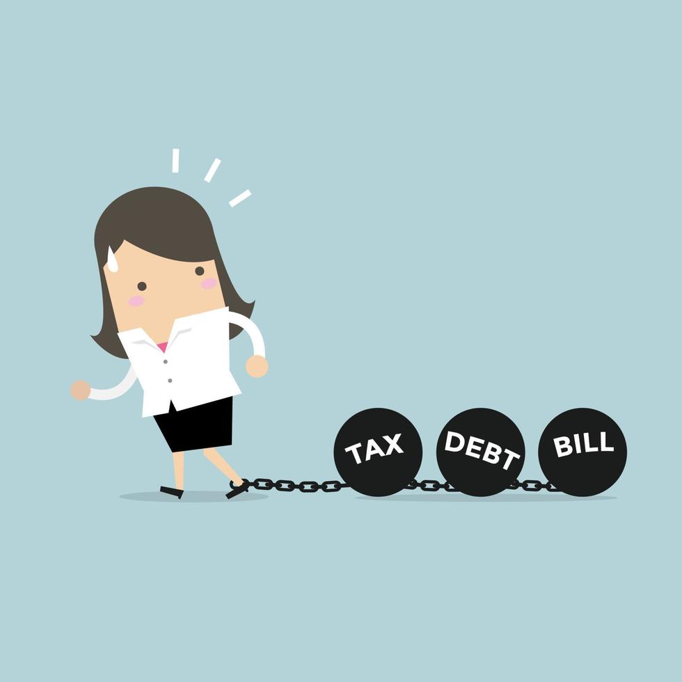 Businesswoman dragging chains and big ball, Debt Tax and Bill burden concept. vector