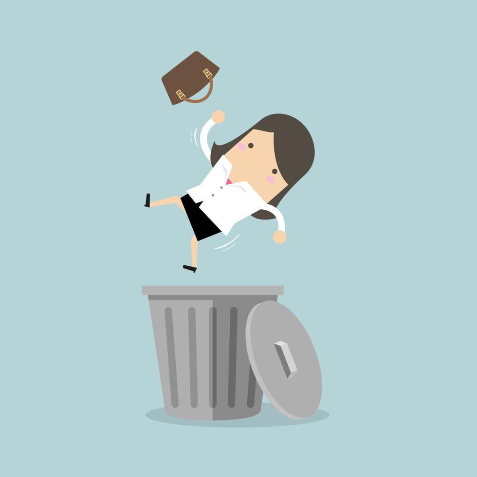 Businesswoman dropped into trashcan layoff concept. vector