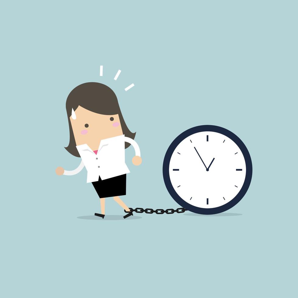 Businesswoman gets chained with big clock in time concept. vector