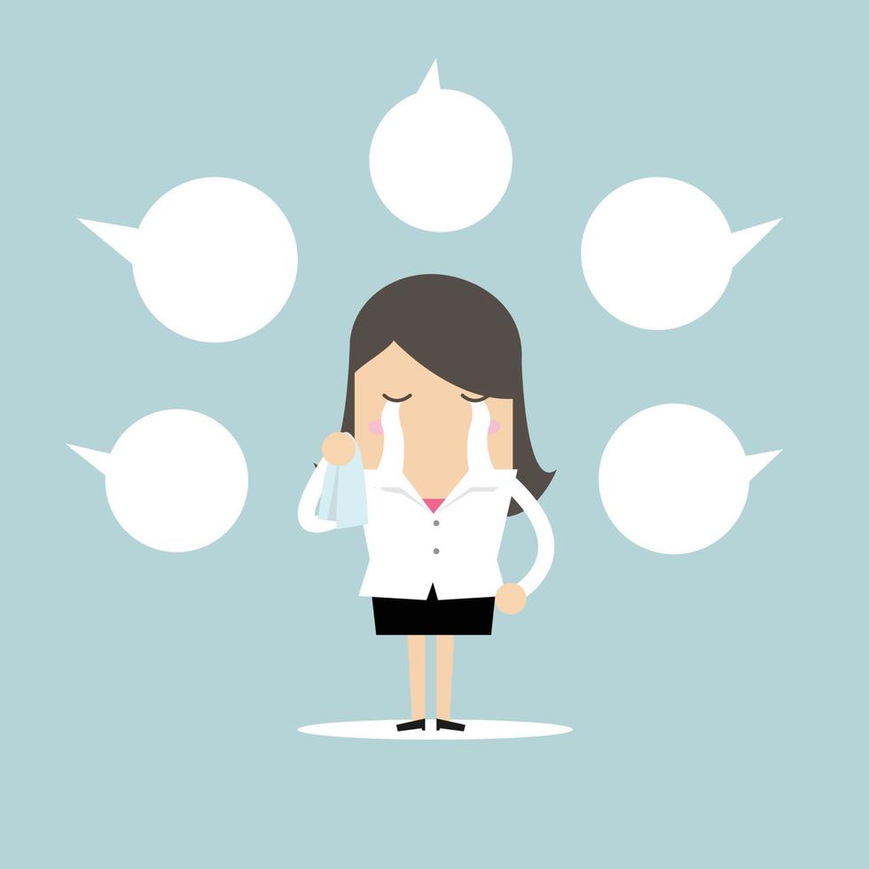 Businesswoman crying about negative comment with balloon text. vector