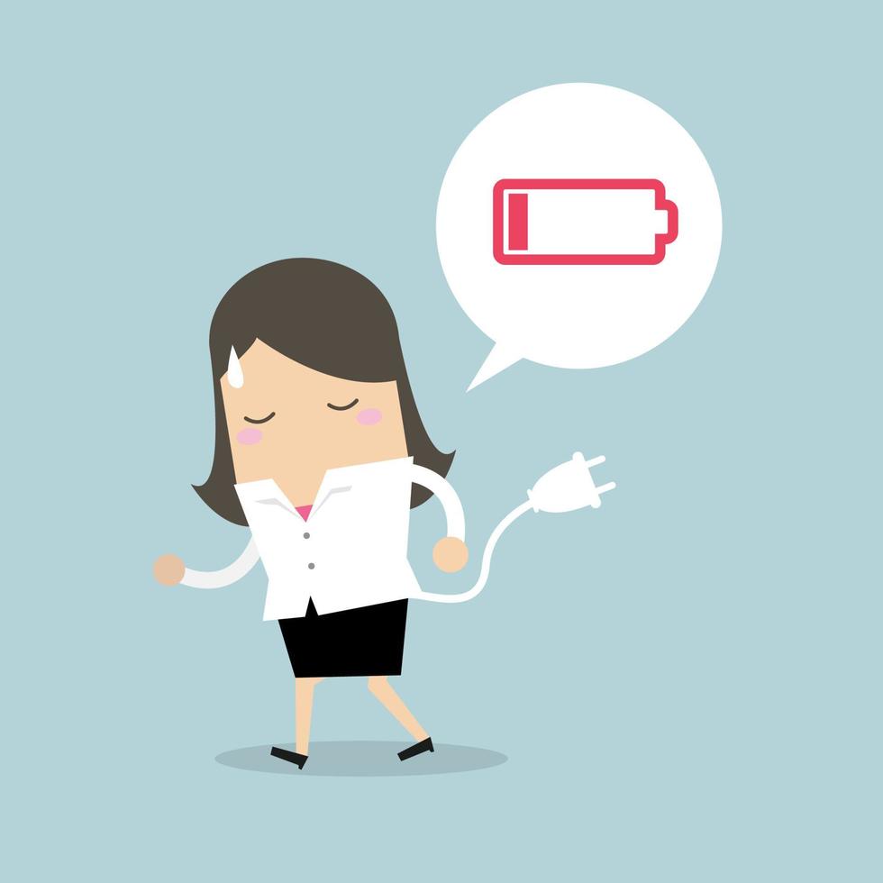 Businesswoman feeling tired and low power battery. vector