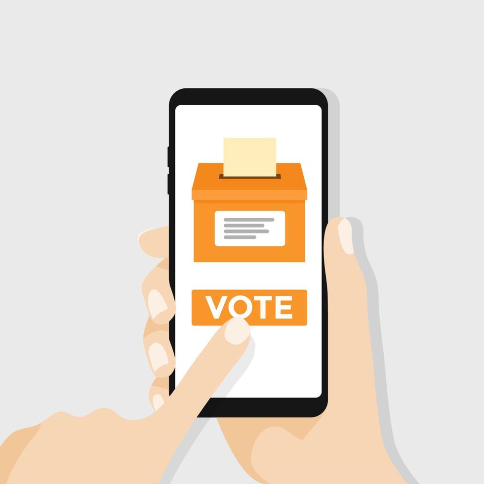 Hand holding smartphone with voting button on the screen. vector