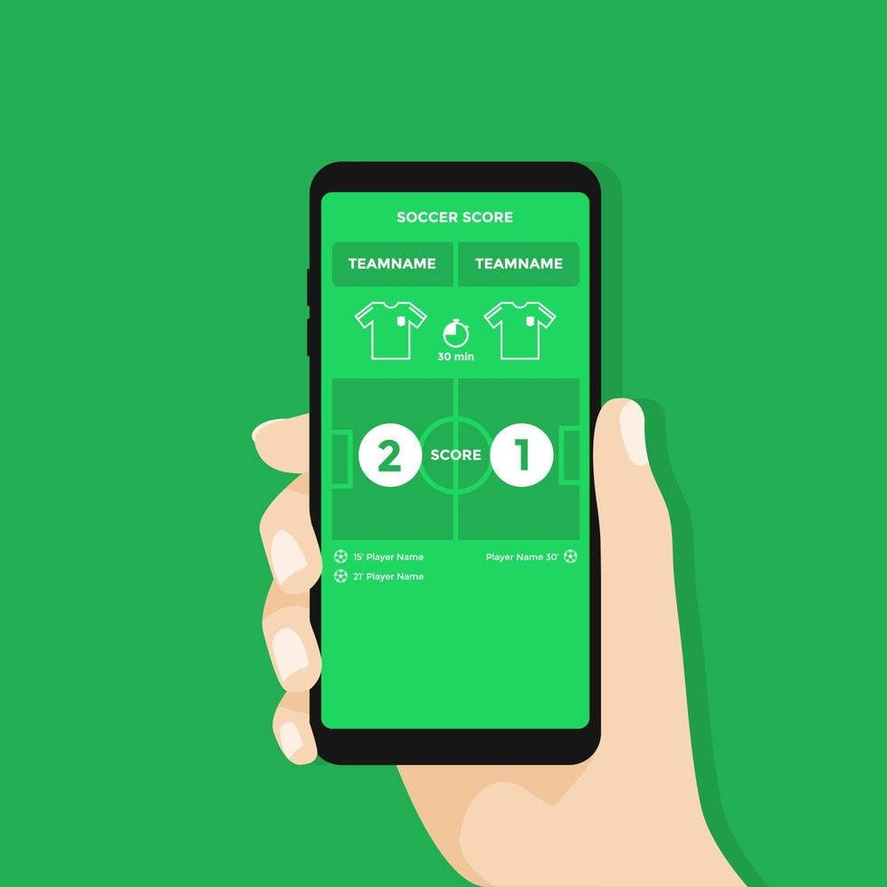 Hand holding smartphone with live score soccer or football application on screen. vector