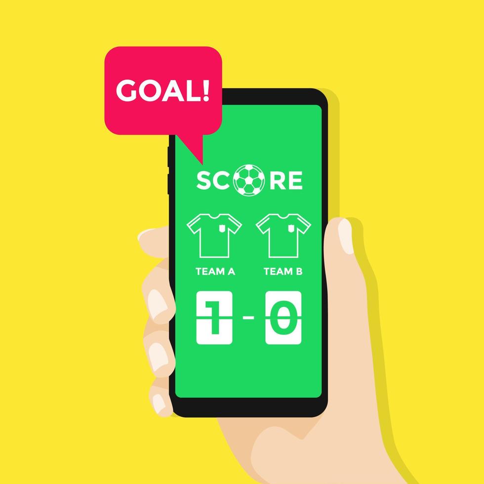 Hand holding smartphone with live score soccer or football application on screen. vector