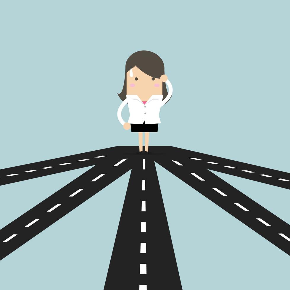 Businesswoman on crossroad choosing future direction to success or business strategy. vector