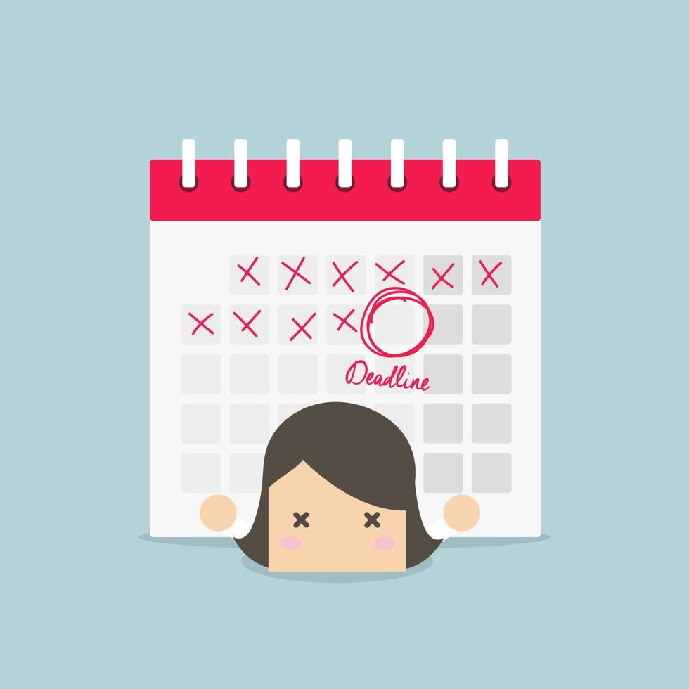 empresaria con calendario sobre su espalda. trabajo duro y concepto de fecha límite. vector