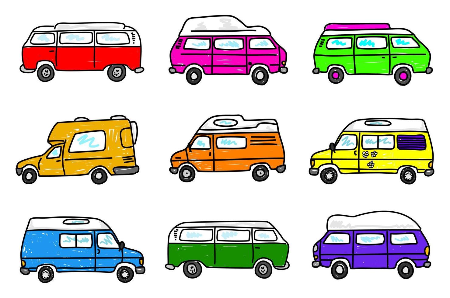 dibujado a mano autocaravana vehículo doodle conjunto vector