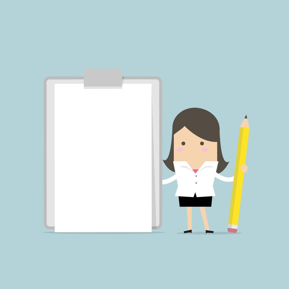 Businesswoman holding clipboard with blank white paper. vector