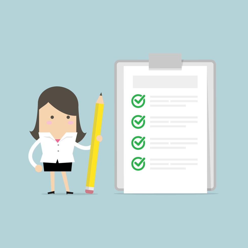 Businesswoman holding a pencil looking at completed checklist on clipboard. vector
