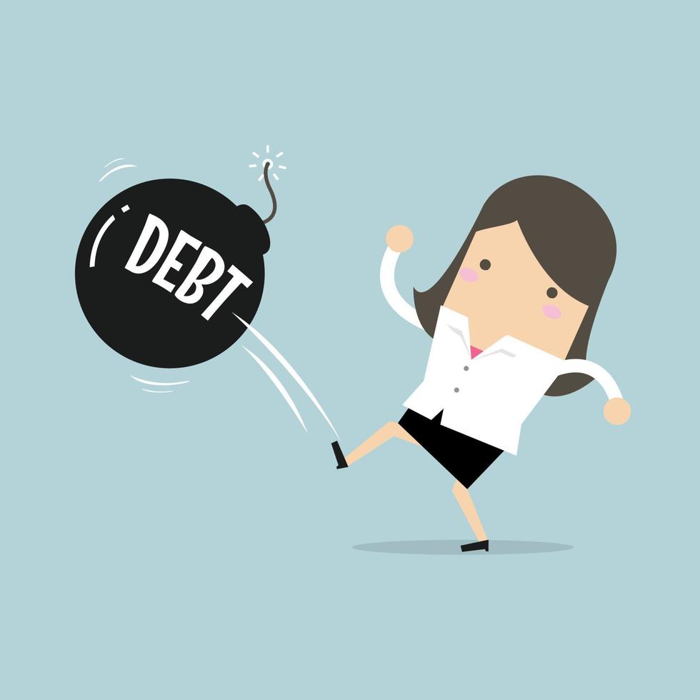 Businesswoman kicking debt bomb ball away like as soccer ball, success tax business. vector