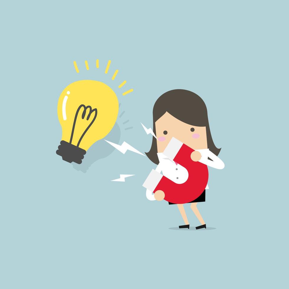 Businesswoman attracting light bulbs with a large magnet. vector