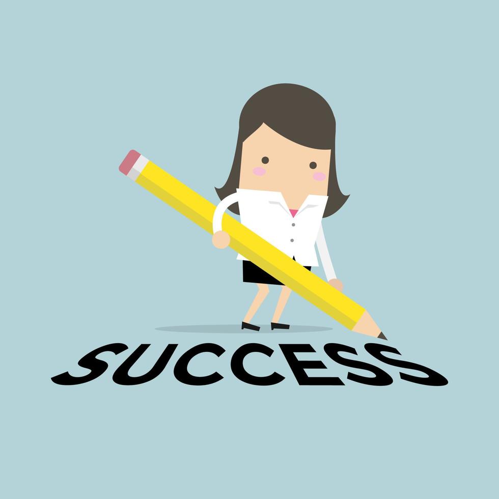 Businesswoman with pencil writing success. vector