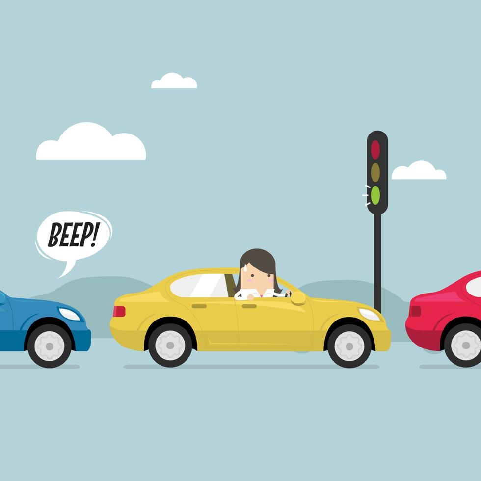 Businesswoman on the road with traffic jam, Green traffic light, honk a horn. vector