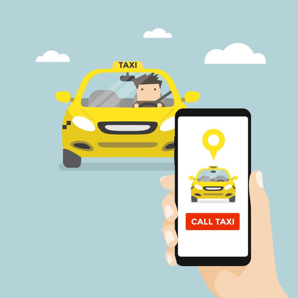 Hand Holding Smartphone and Call taxi by phone. Booking Taxi Via Mobile App. vector