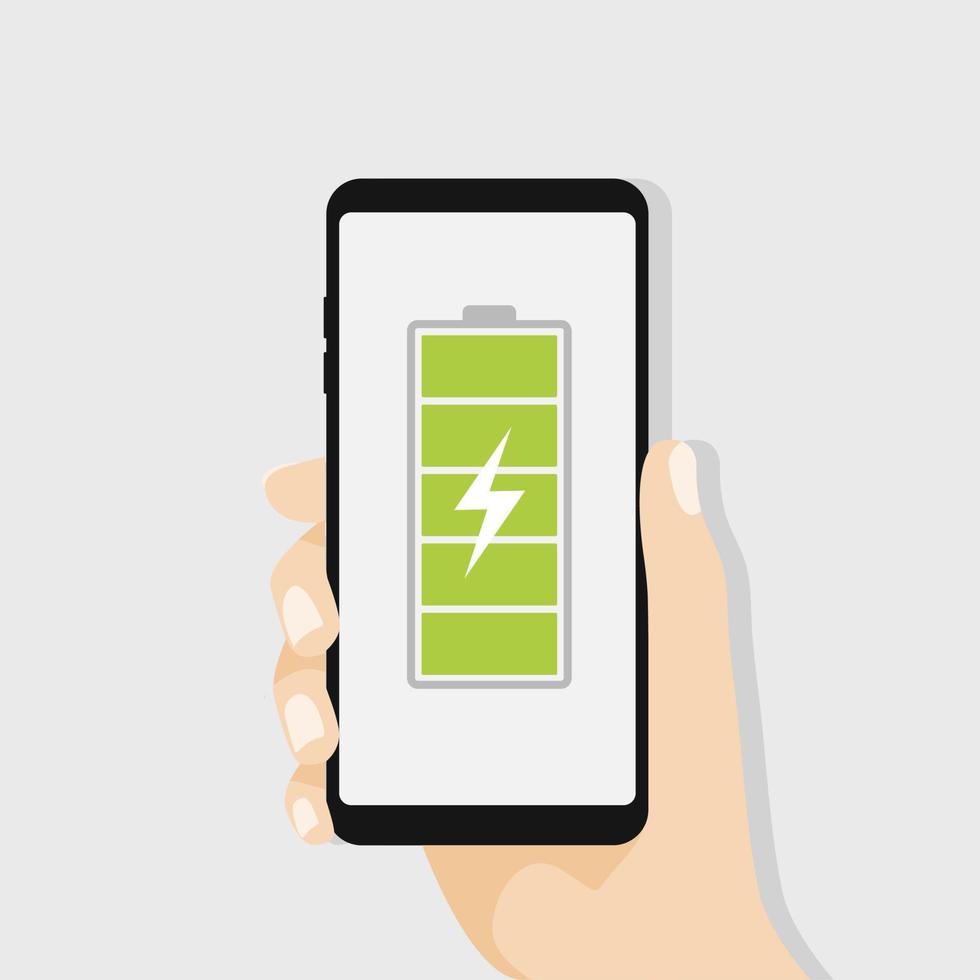 Hand holding smartphone with full battery. vector