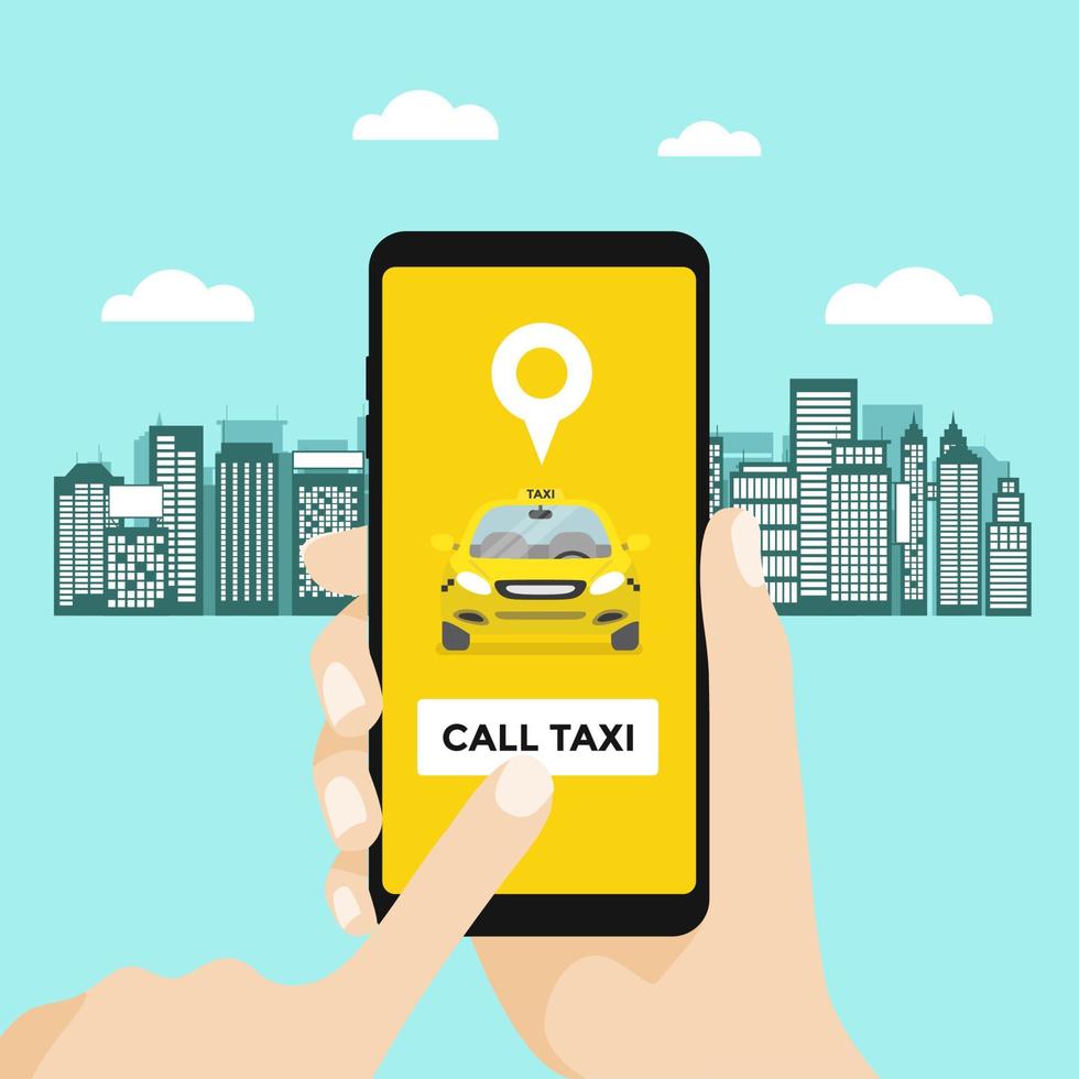 concepto de servicio de taxi. mano con smartphone. aplicación en la pantalla del teléfono móvil. vector