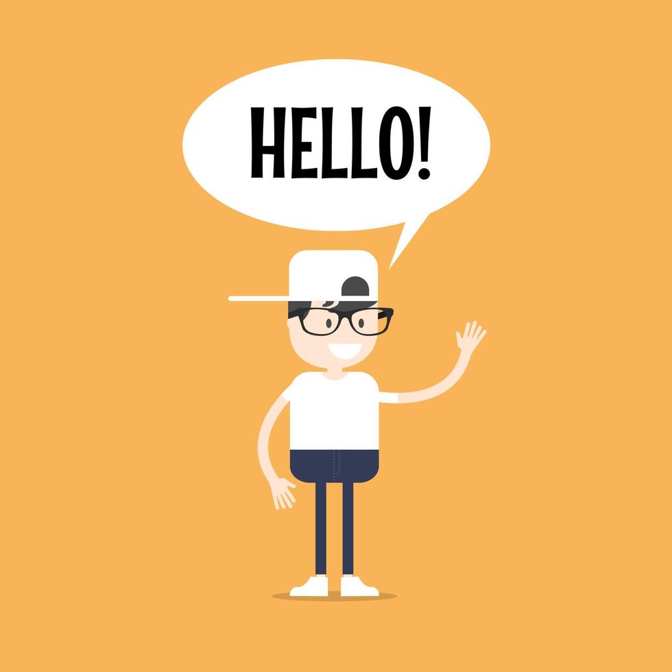 Friendly nerd saying Hello and waving hand. vector