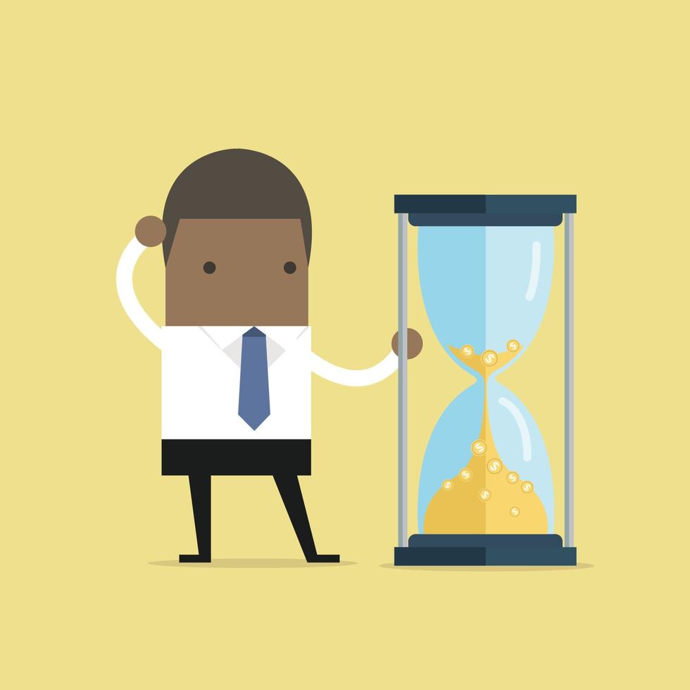 African businessman is looking at hourglass with Gold coins. Time is money. vector