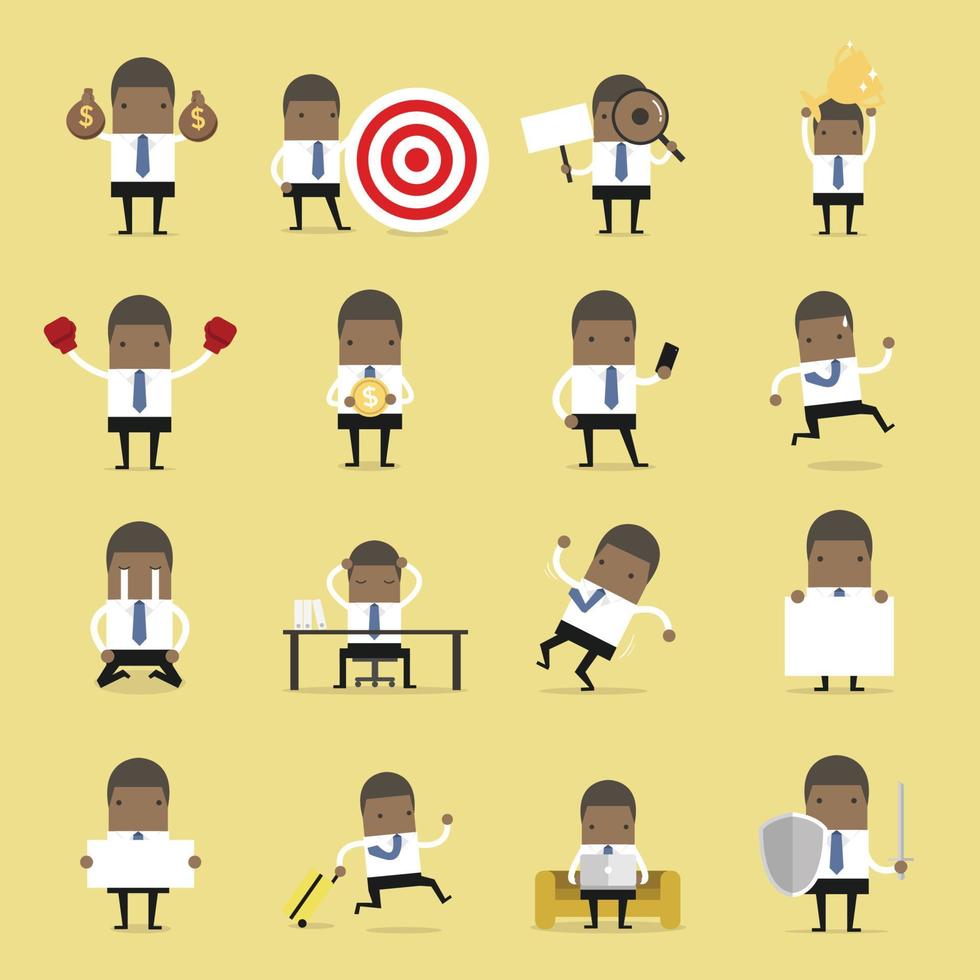Vector Set of business people. African businessman is in different situations.