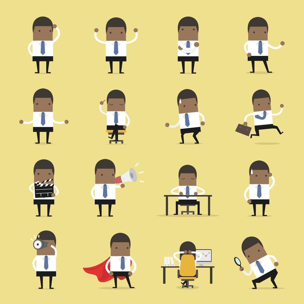 Vector Set of business people. African businessman walking to the success, businessman is in different situations.