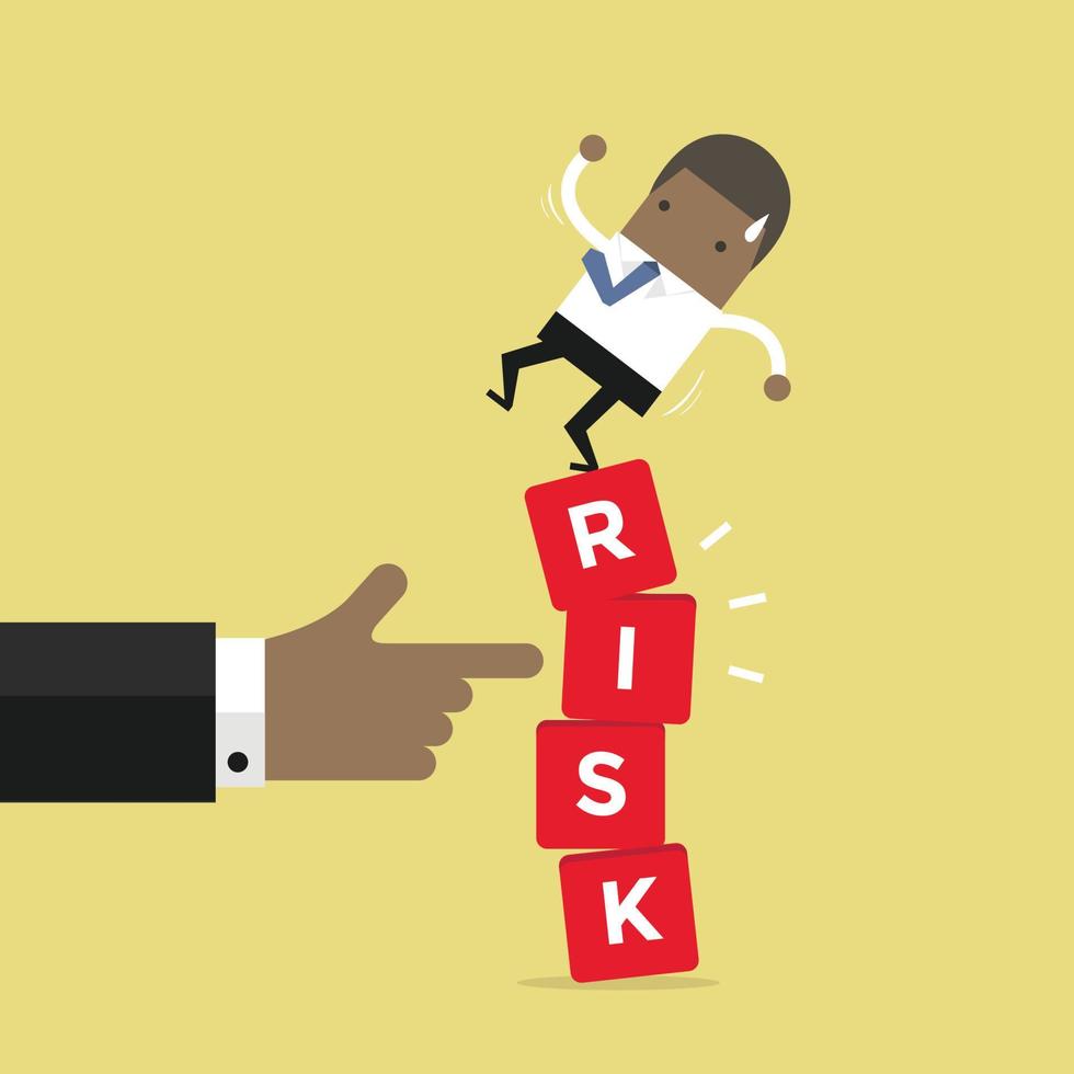 African businessman standing on shaky risk blocks by hand of manager. vector