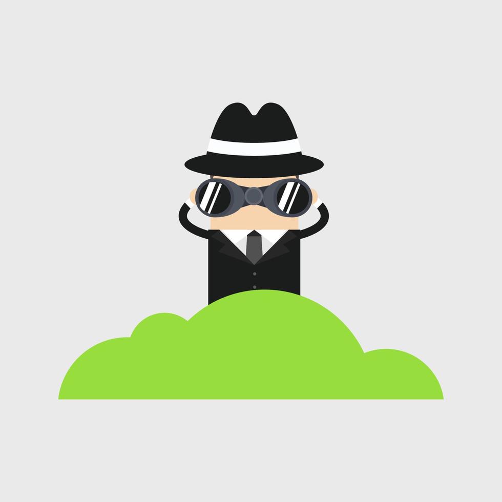 Detective character looking through binoculars from bush, spying, cartoon. vector