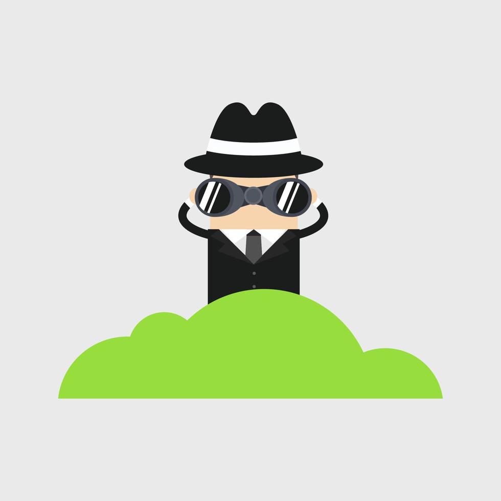 personaje de detective mirando a través de binoculares de bush, espionaje, dibujos animados. vector