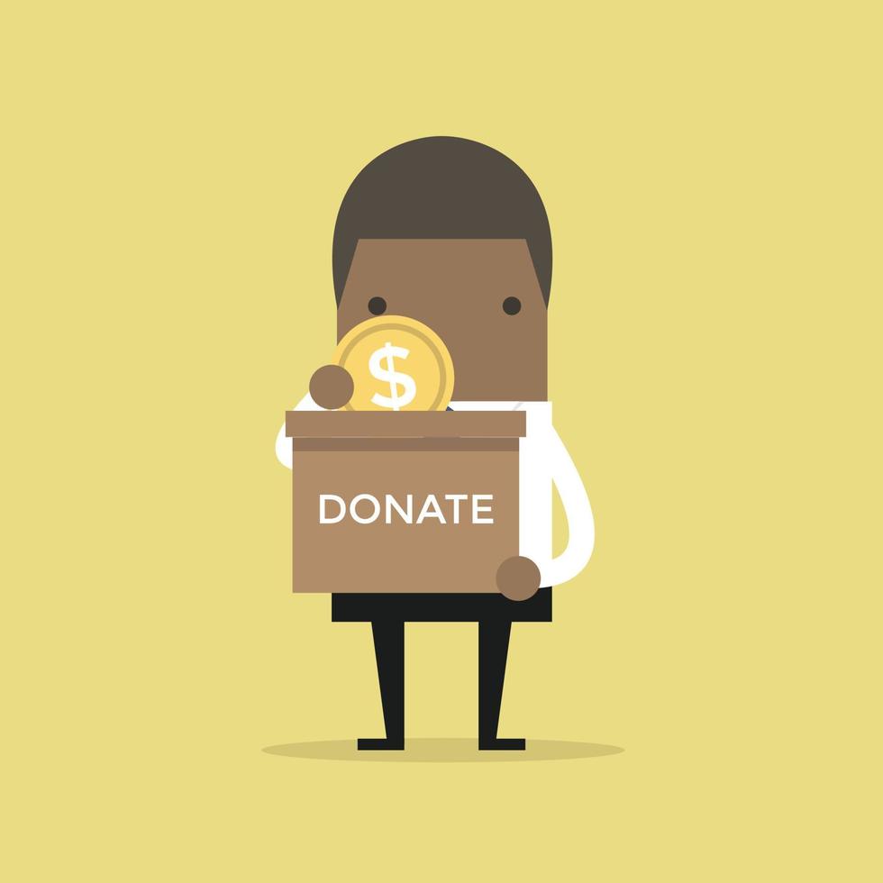 African businessman putting coin in the donation box. vector