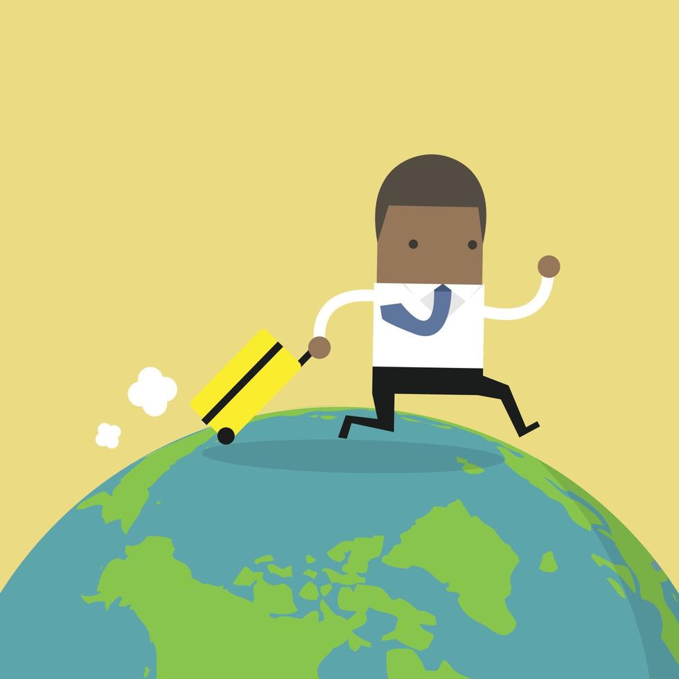 African businessman with suitcase walking around the world. vector