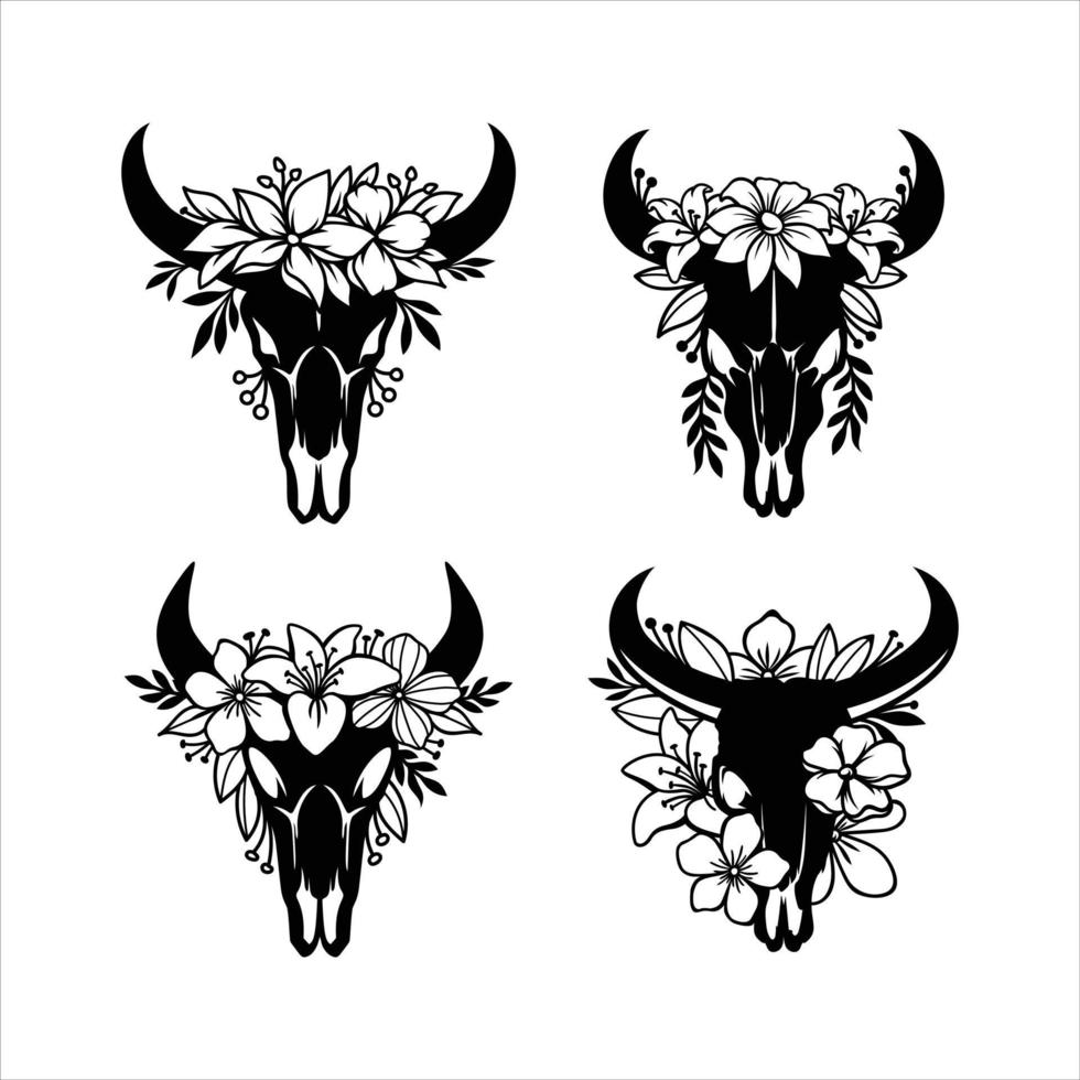 Cráneo de vaca con cuernos decorado con flores. vector